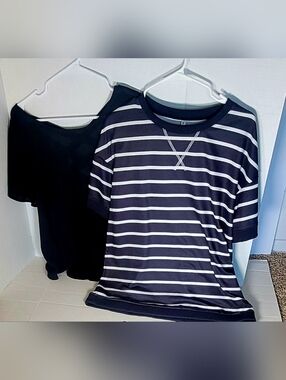 Striped Navy & White Short Sleeve Tee And Beautiful Black Blouse
